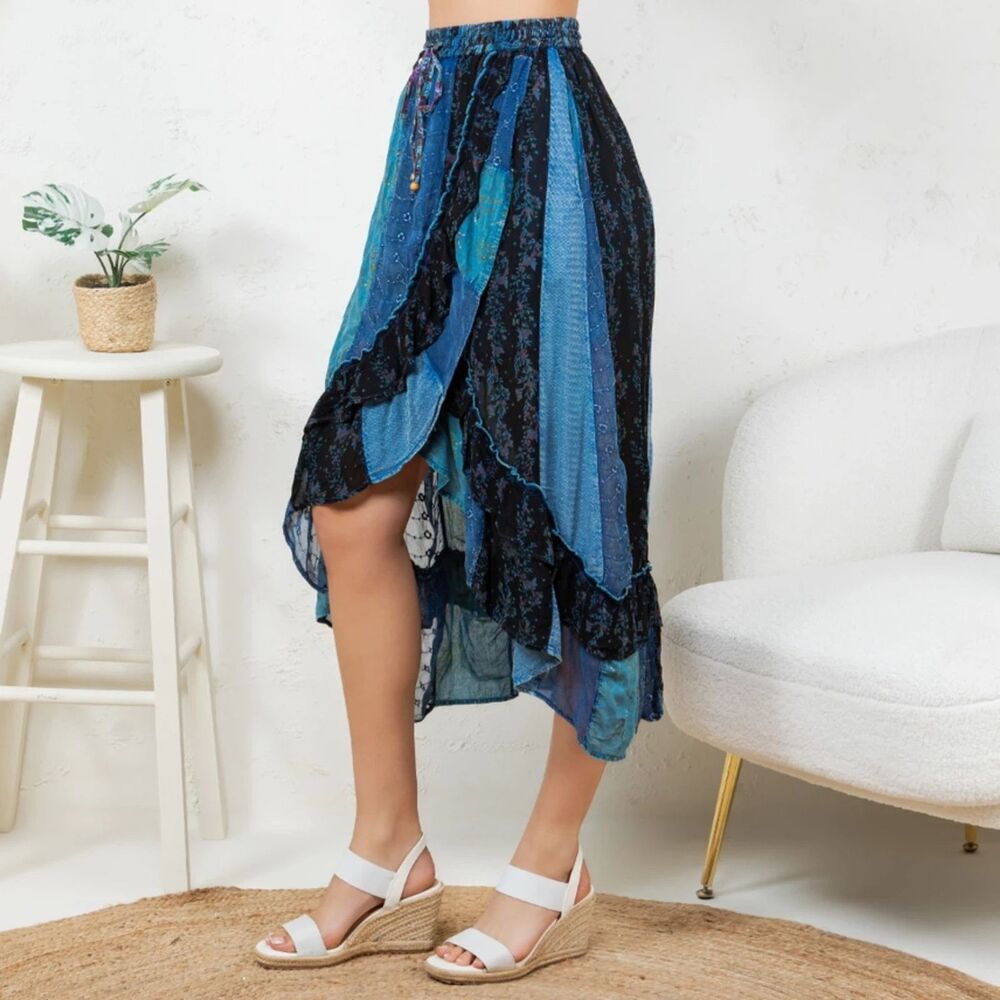 Young Threads Boho Ruffle Wrapped Fit & Flare Midi Skirt in Indigo Size Medium